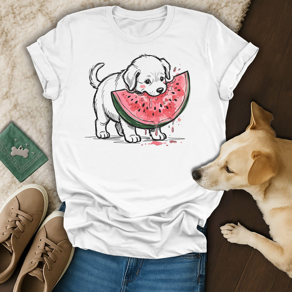 White t-shirt with a cartoon puppy eating a slice of watermelon.