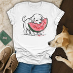 White t-shirt with a cartoon puppy eating a slice of watermelon.