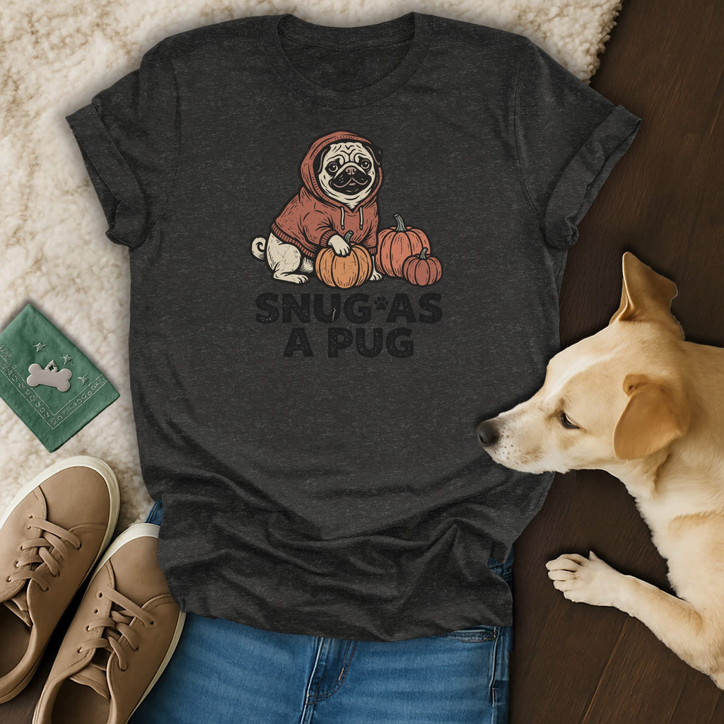 Dark gray t-shirt with a pug wearing a hoodie and pumpkins, text "SNUG AS A PUG".