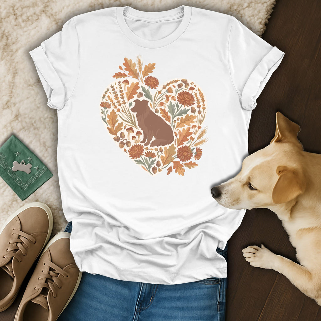 White t-shirt with heart-shaped autumn floral design and a seated dog.