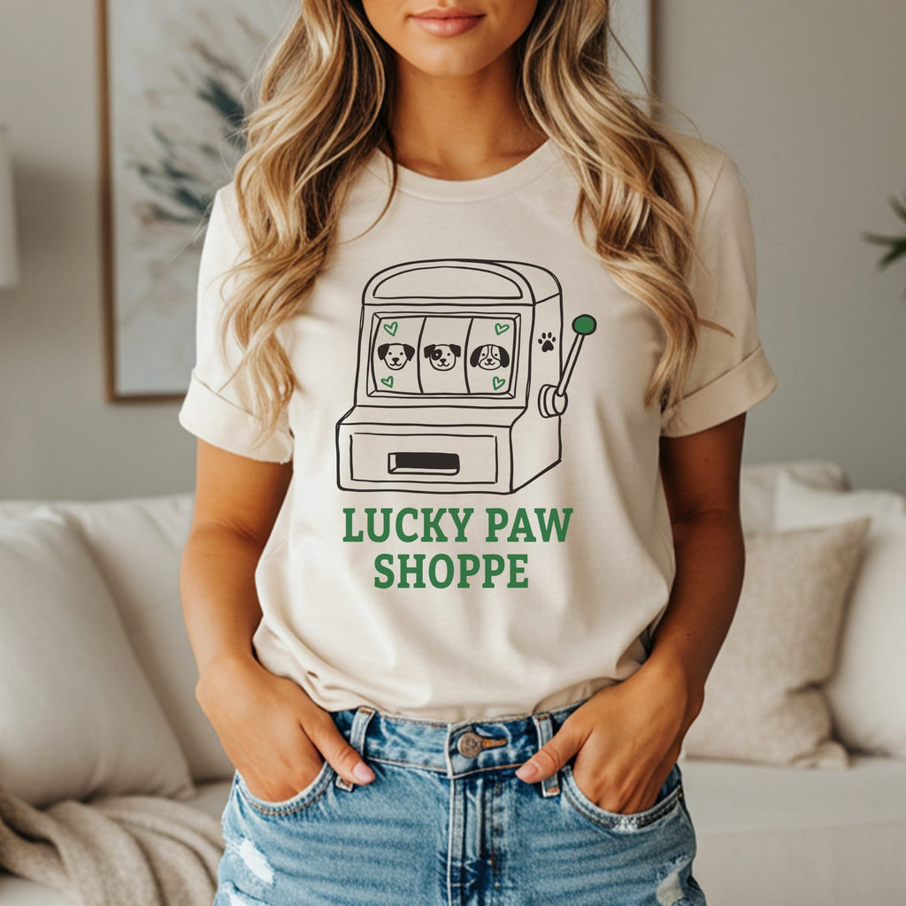 Cream t-shirt with a slot machine graphic and "LUCKY PAW SHOPPE" text.