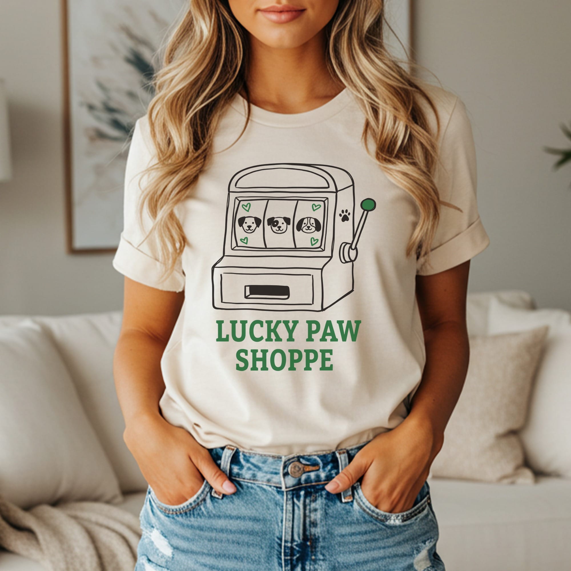Cream t-shirt with a slot machine graphic and "LUCKY PAW SHOPPE" text.