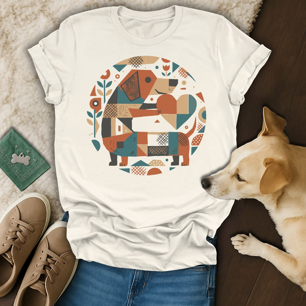 T-shirt with abstract dachshund, flowers, and geometric shapes in circle.