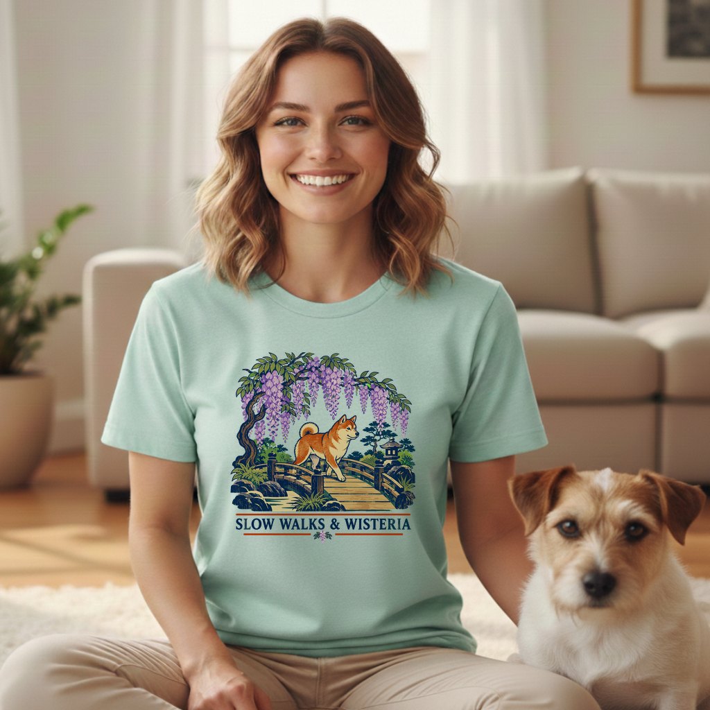 A smiling woman wearing a mint-green t-shirt featuring a dog on a bridge, sitting next to a terrier.
