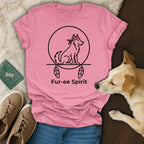 Pink t-shirt with "Fur-ee Spirit" text and dog graphic.
