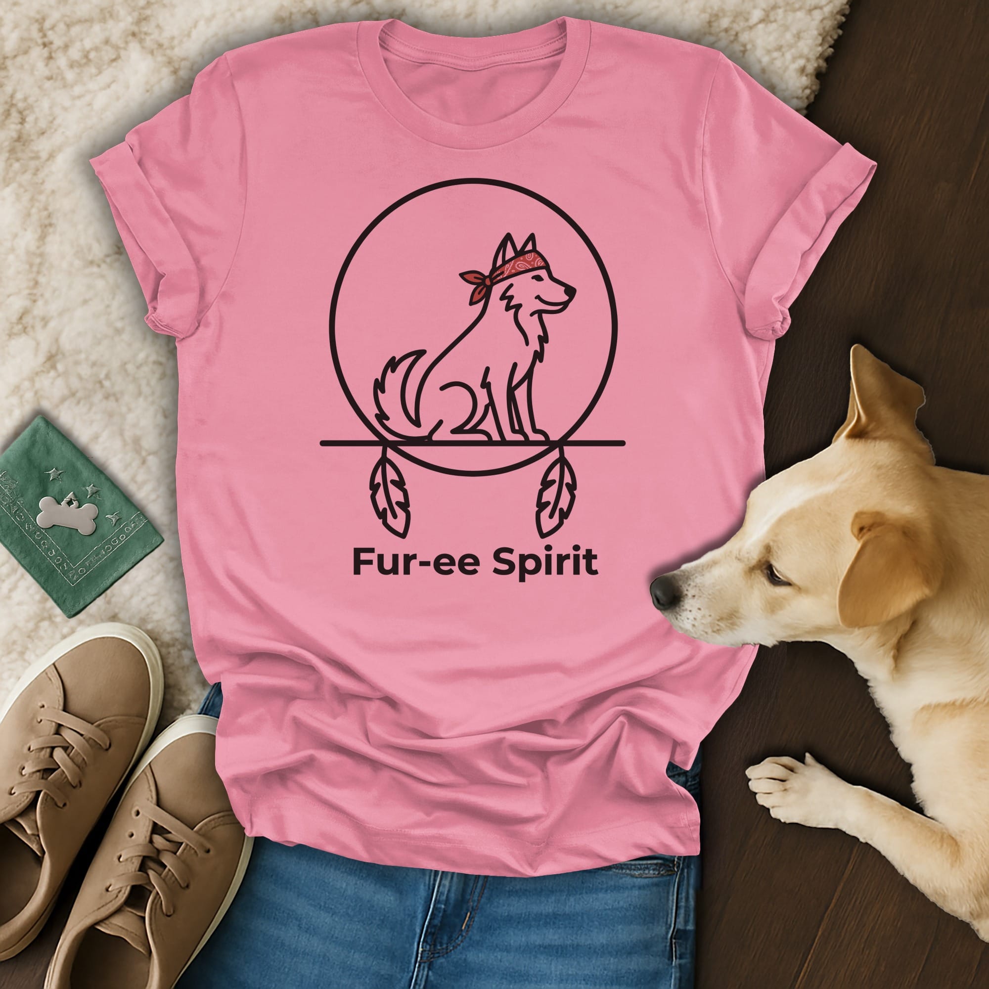 Pink t-shirt with "Fur-ee Spirit" text and dog graphic.