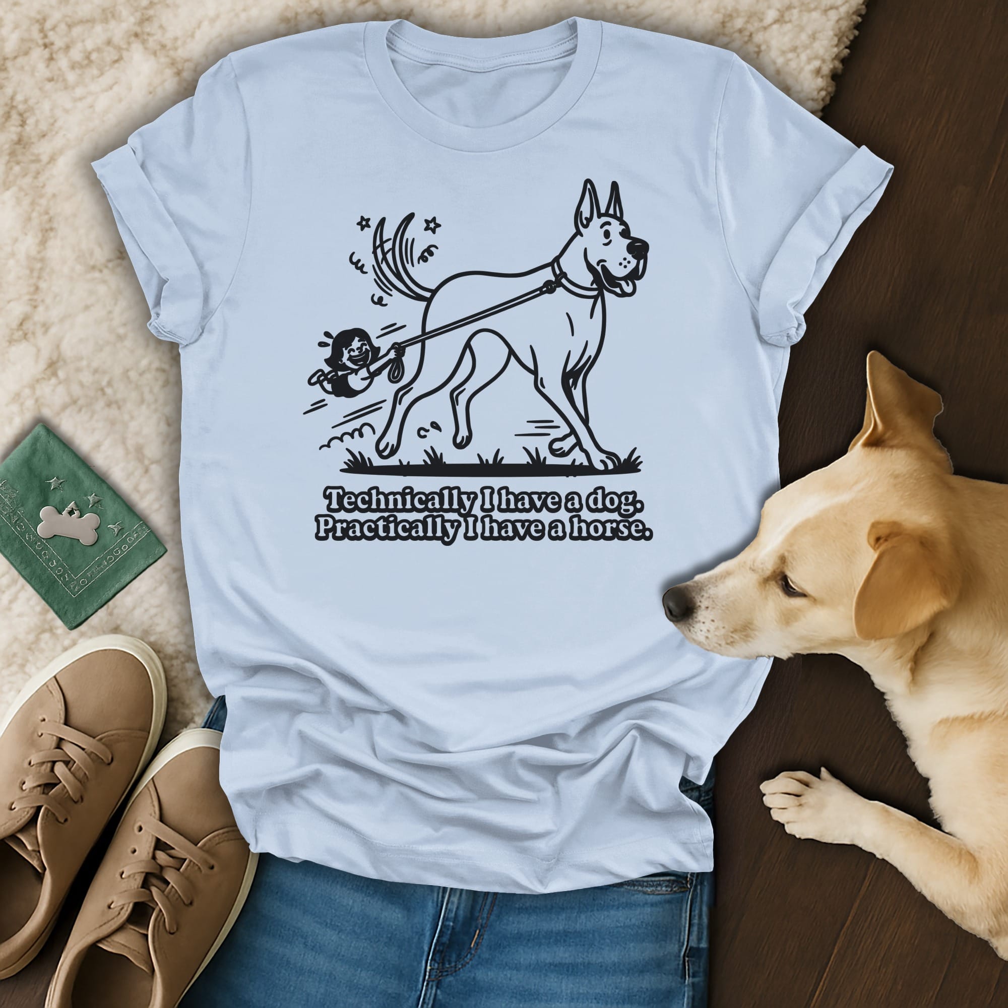T-shirt with Great Dane pulling a person, text "Technically I have a dog. Practically I have a horse."