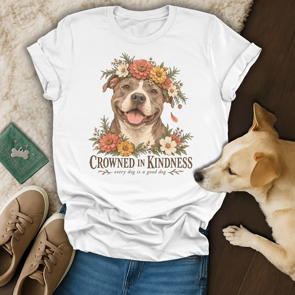 White t-shirt featuring an illustrated pit bull wearing a flower crown, with the text Crowned in Kindness.