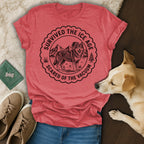 Red t-shirt with "Survived the Ice Age Scared of the Vacuum" text and wolf graphic.