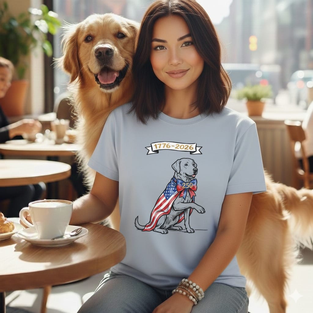 Woman with golden retriever wearing patriotic t-shirt and "1776-2026 250" text.