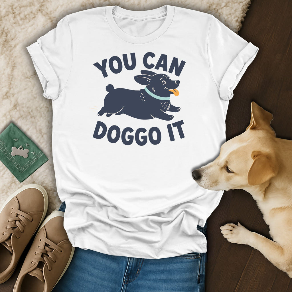 White t-shirt with cartoon dog and text "YOU CAN DOGGO IT".