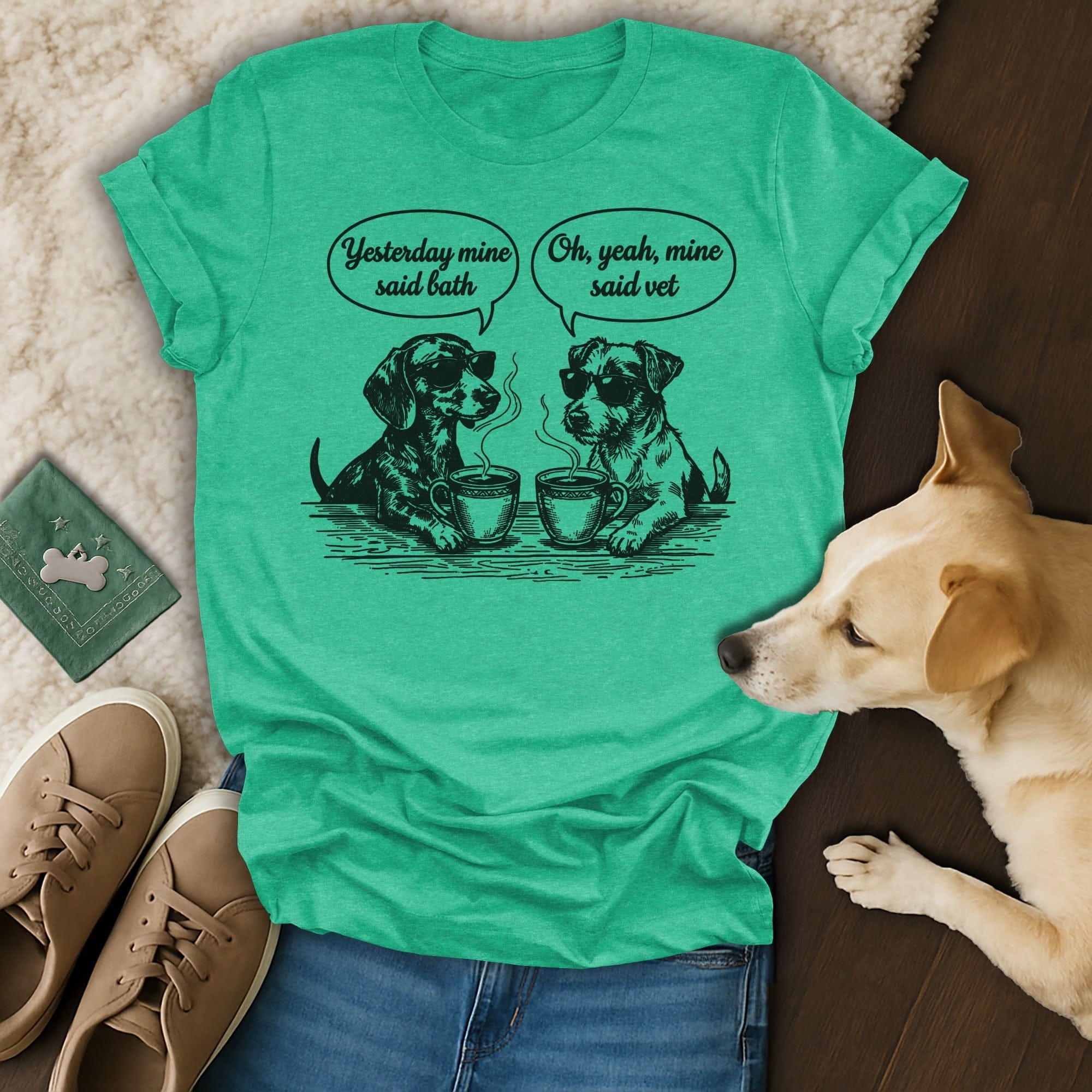 Dog Conversation Funny Said Bath Said Vet product type
Dogs, Funny dogs, Dog humor, Coffee dogs, Sunglasses dogs, Pet lover, Dog owner, Yesterday mine said bath, Oh yeah mine said vet, Canine conversation, Animal graphic, Humorous design, Puppy love, Doggie style, Pet apparel, Animal print, Cute dogs, Dog life, Green shirt, Unique design