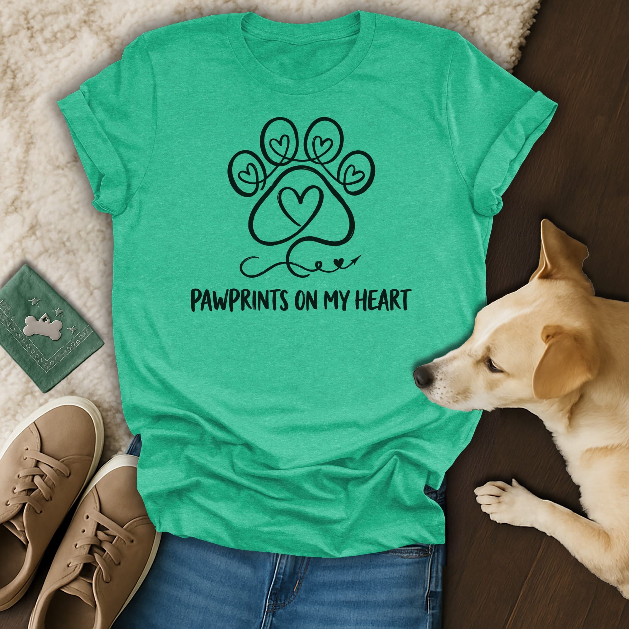Teal t-shirt with black paw print heart graphic and text "Pawprints on my Heart".