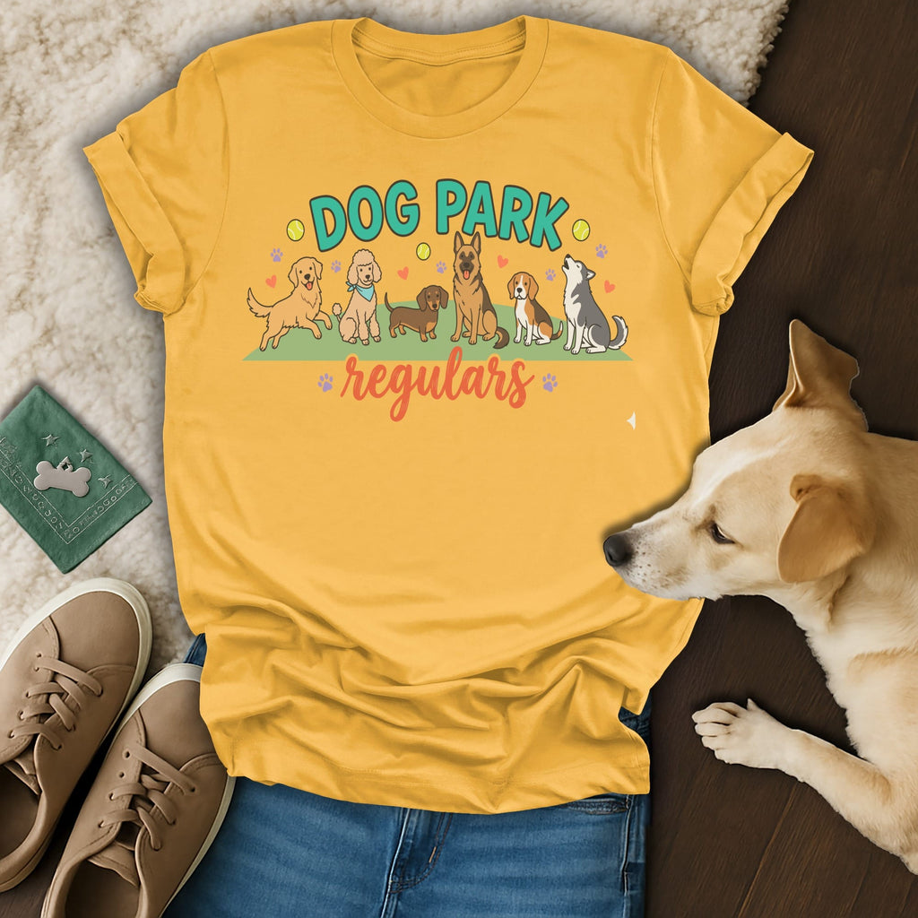 Yellow t-shirt with "DOG PARK regulars" text and cartoon dogs.