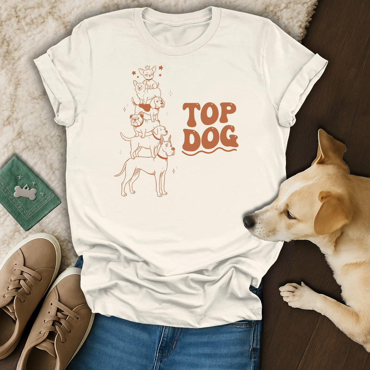 Cream t-shirt with stacked dogs graphic and "TOP DOG" text.
