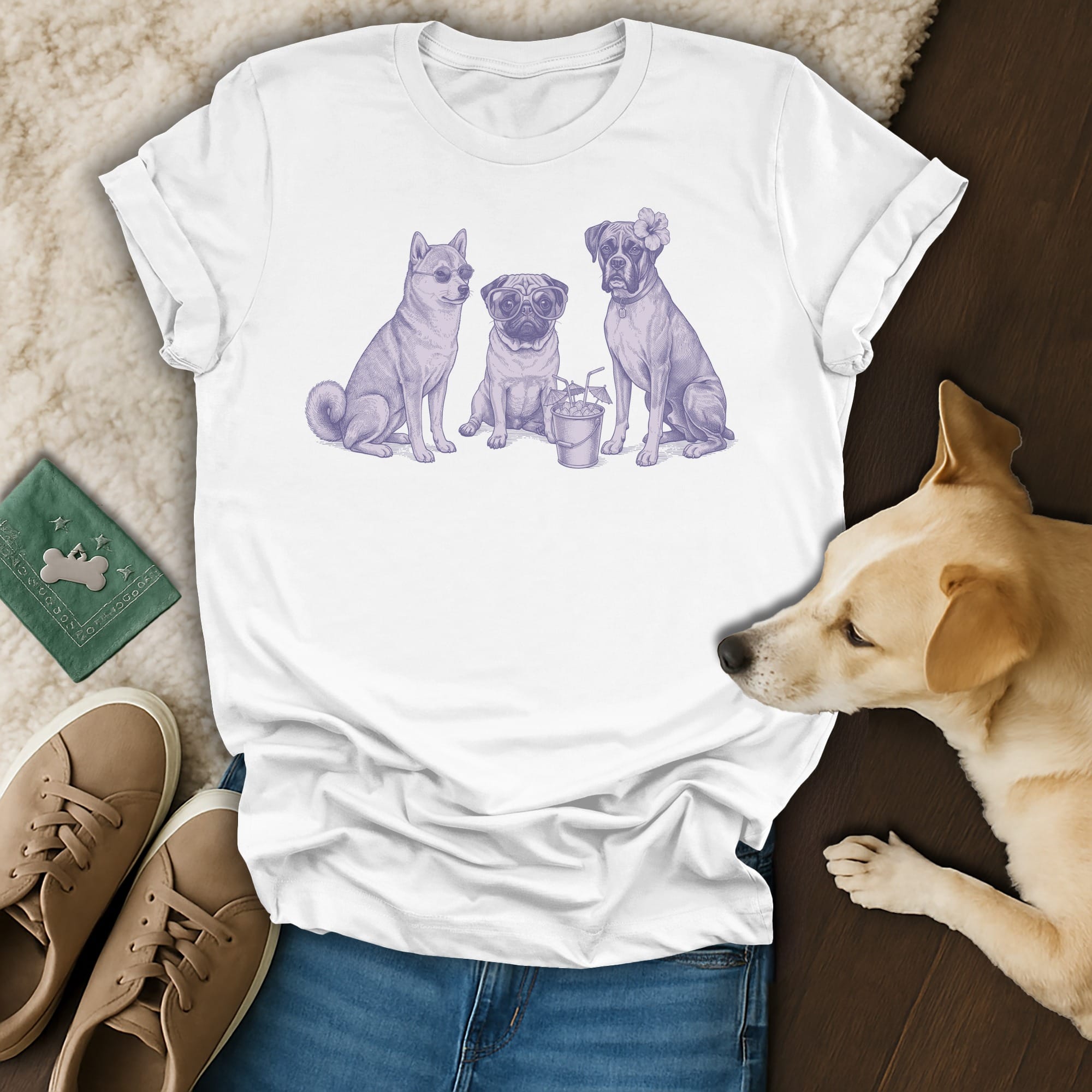 Three dogs in a sketch, wearing sunglasses and a flower, with a drink.