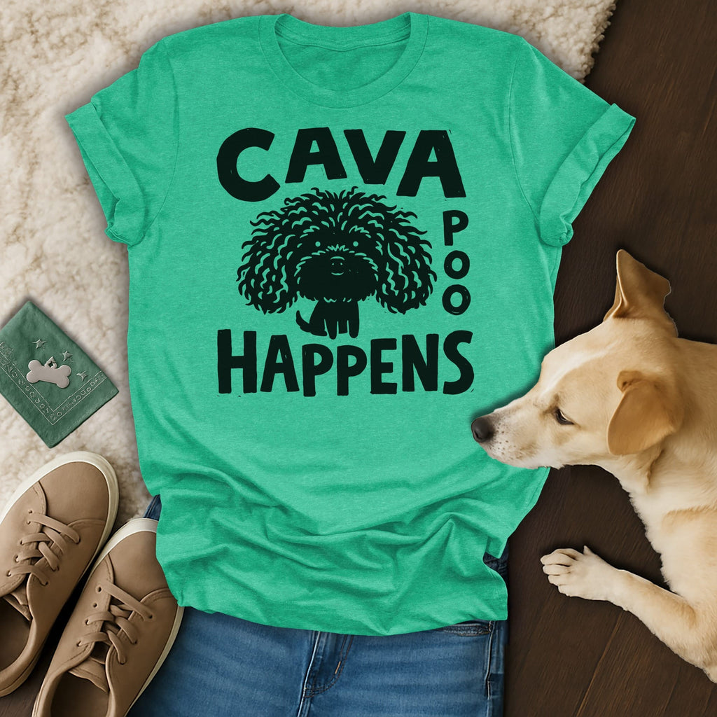 Teal t-shirt with "CAVA POO HAPPENS" and a cartoon dog illustration.