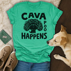 Teal t-shirt with "CAVA POO HAPPENS" and a cartoon dog illustration.