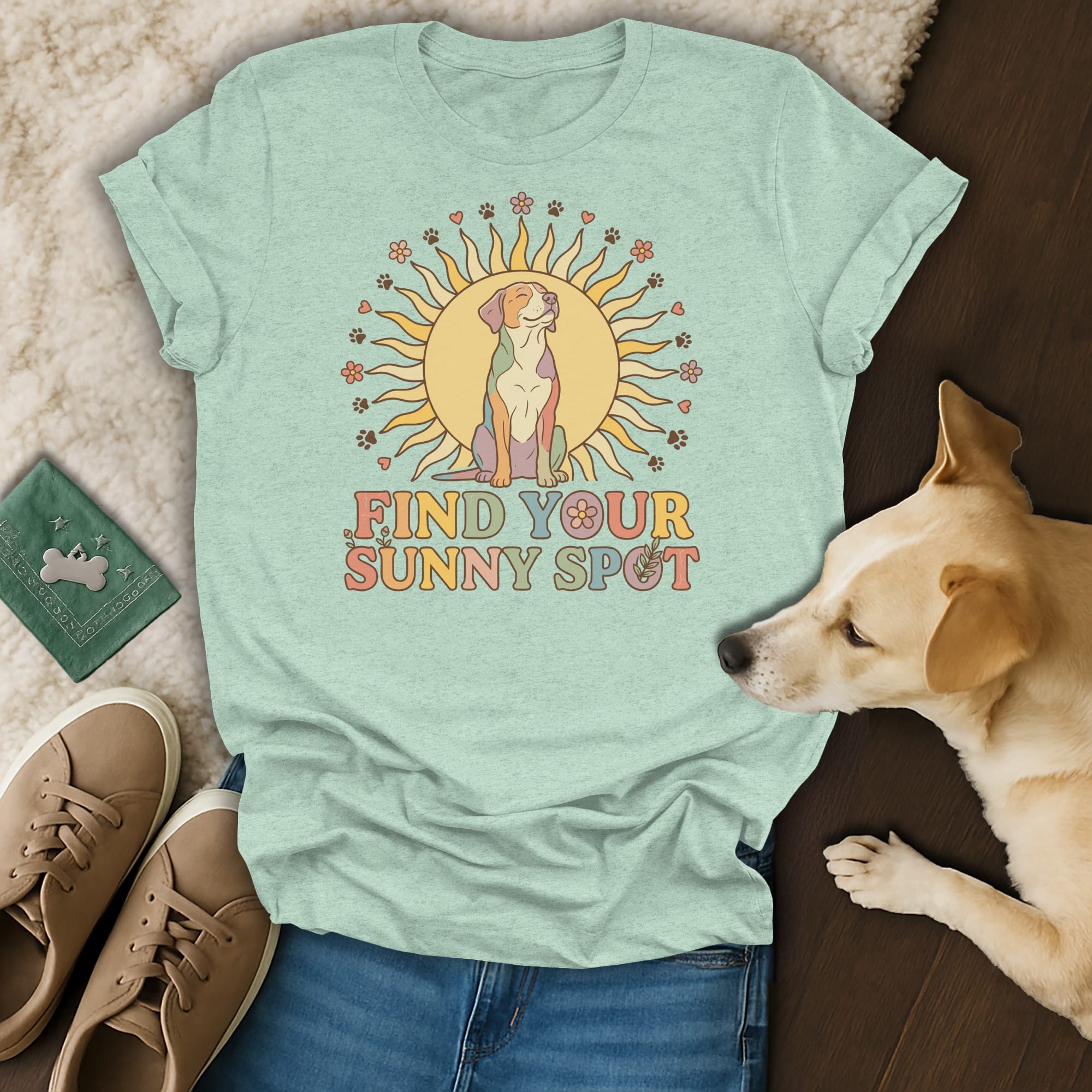 Light teal t-shirt with a dog sitting inside a sun graphic and "Find Your Sunny Spot" text.