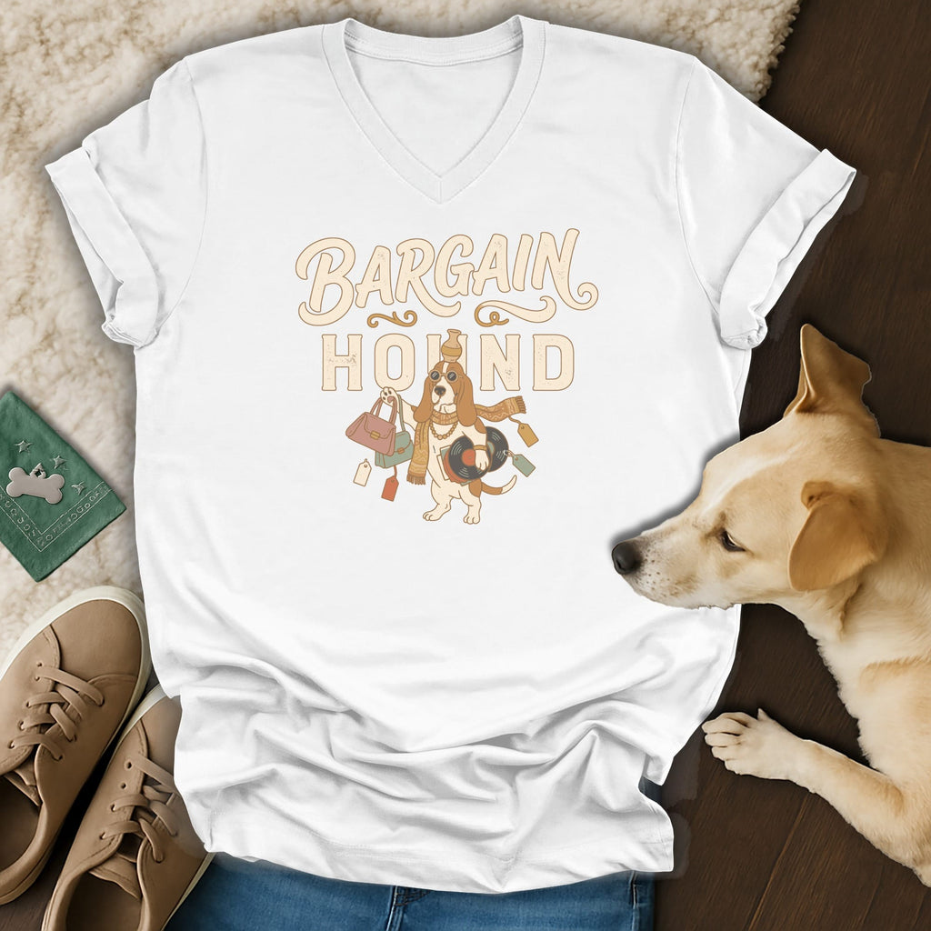 White t-shirt with "Bargain Hound" graphic of a basset hound with shopping bags.
