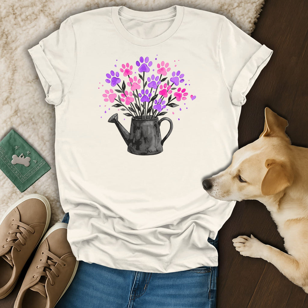 White t-shirt with pink and purple paw print bouquet in watering can.