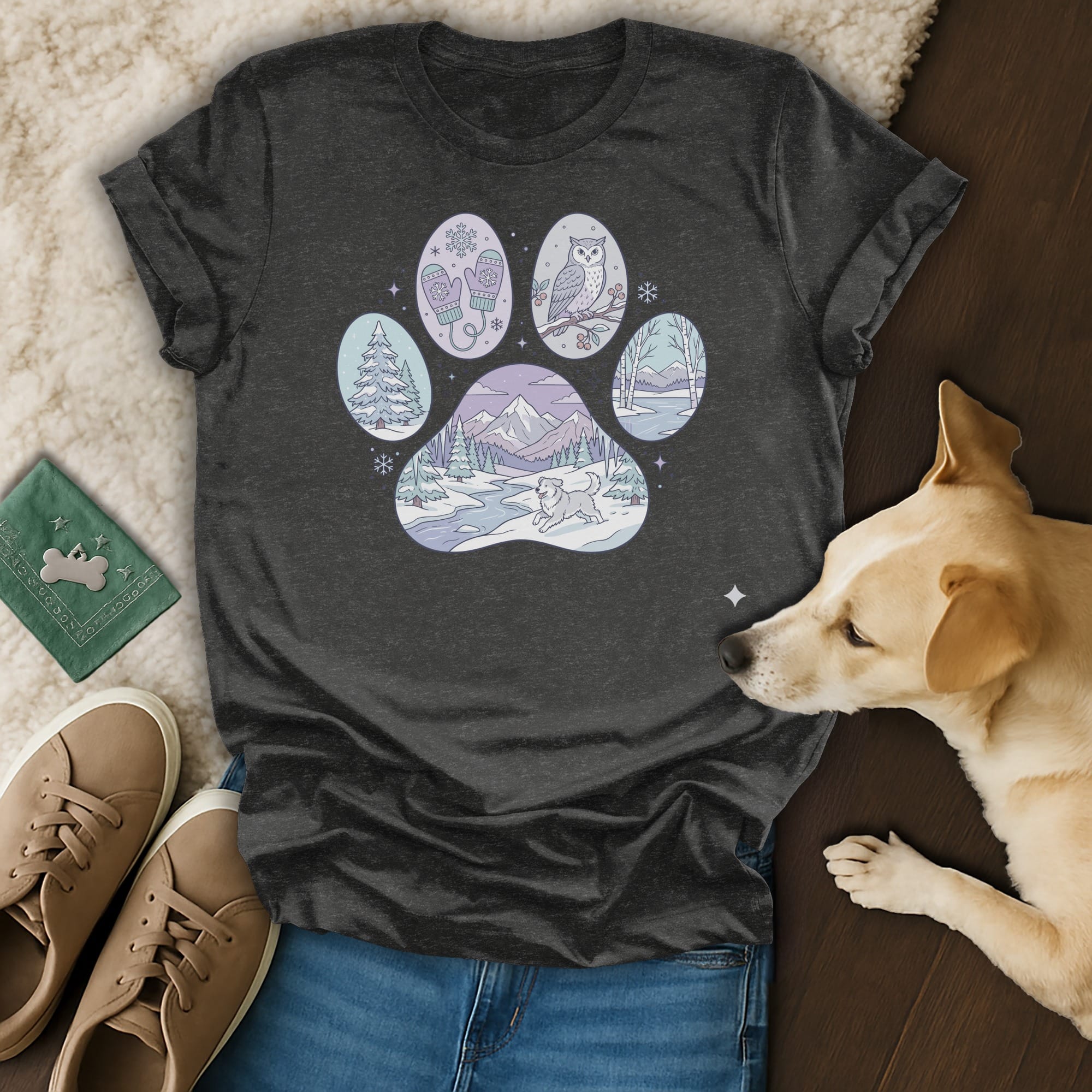 Dark grey t-shirt with a paw print graphic featuring winter nature scenes.