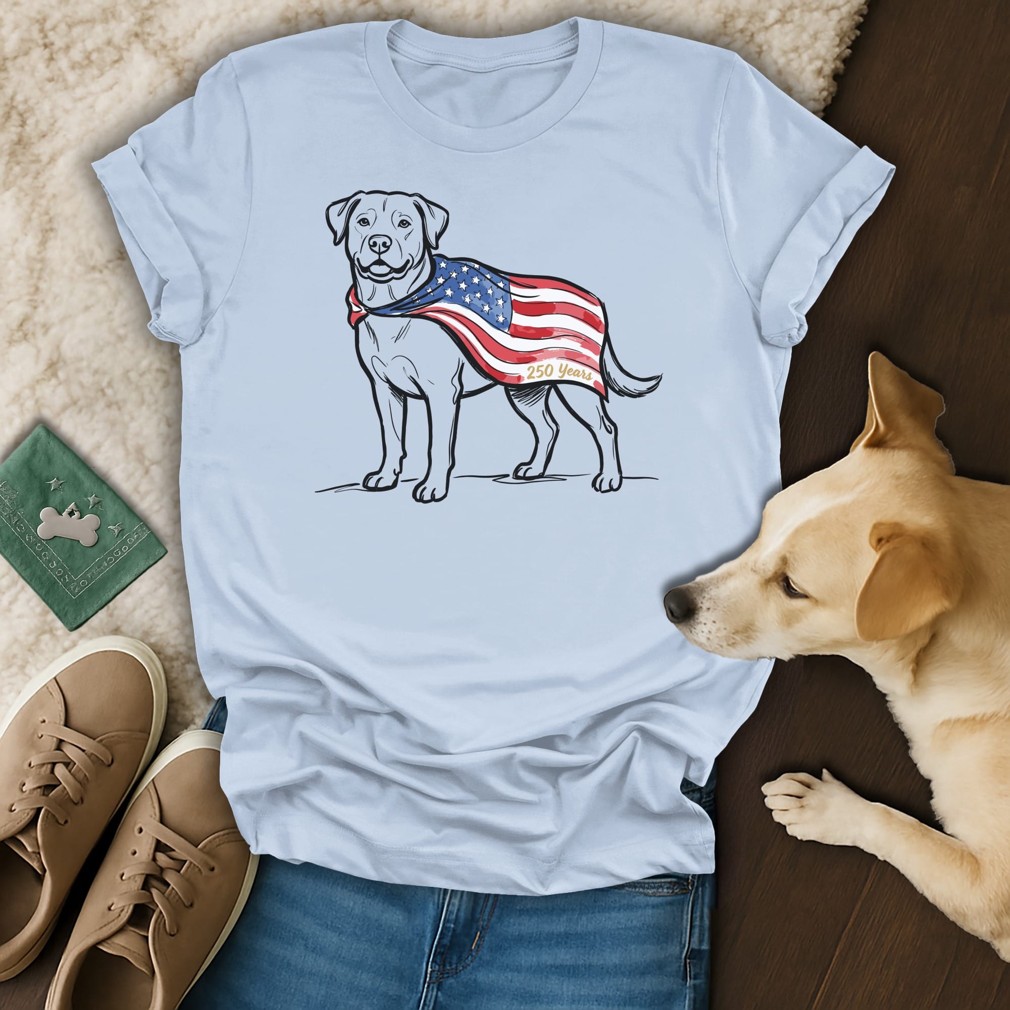 Labrador retriever wearing an American flag cape, celebrating 250 years.