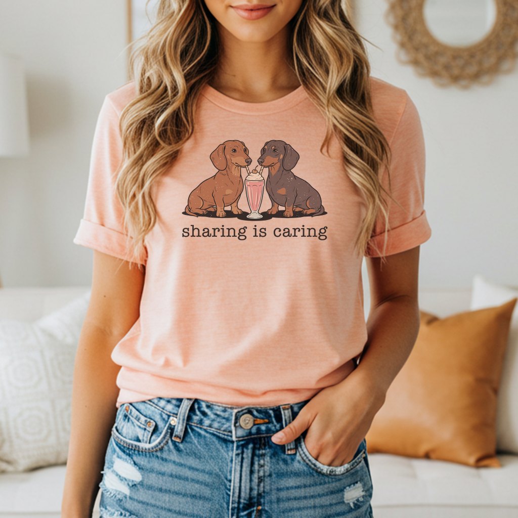 Two dachshunds share a milkshake, with text "sharing is caring" below.