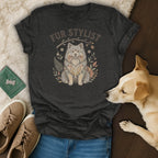 Dark grey t-shirt with "Fur Stylist" and a dog illustration in floral wreath.