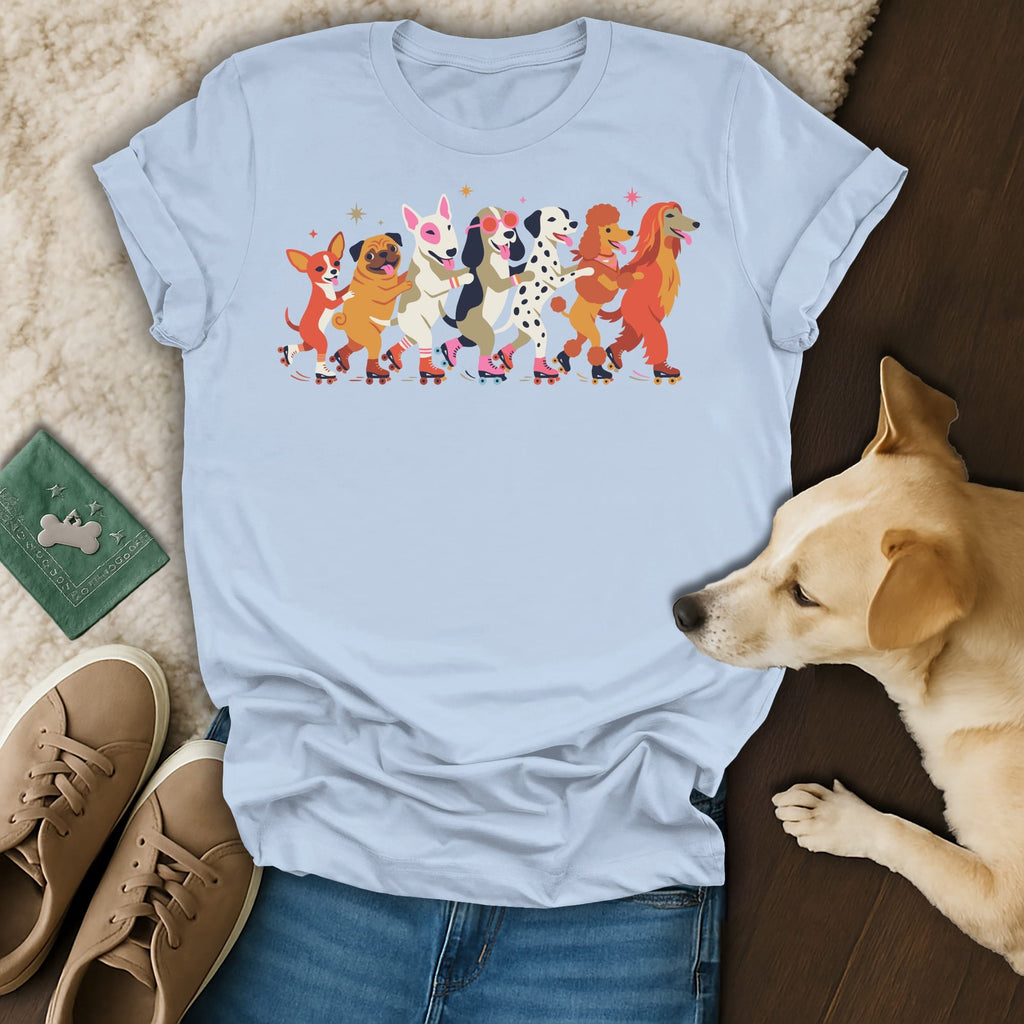 Light blue t-shirt with a graphic of various dogs on roller skates.