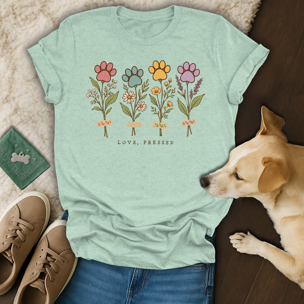 Mint green t-shirt with a graphic of four floral paw print stems and text.