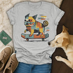 Pixelated cartoon pug riding a skateboard on a t-shirt.