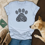 Light blue t-shirt with black "Bestie" paw print graphic.