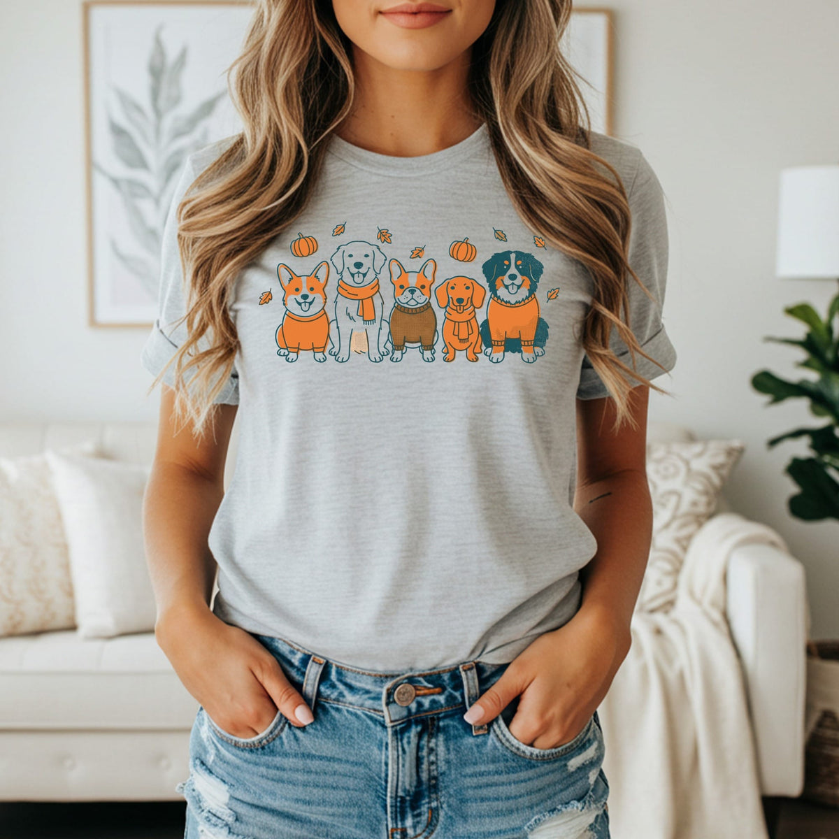 T-shirt featuring a cartoon illustration of five dogs in autumnal clothing with pumpkins and leaves.