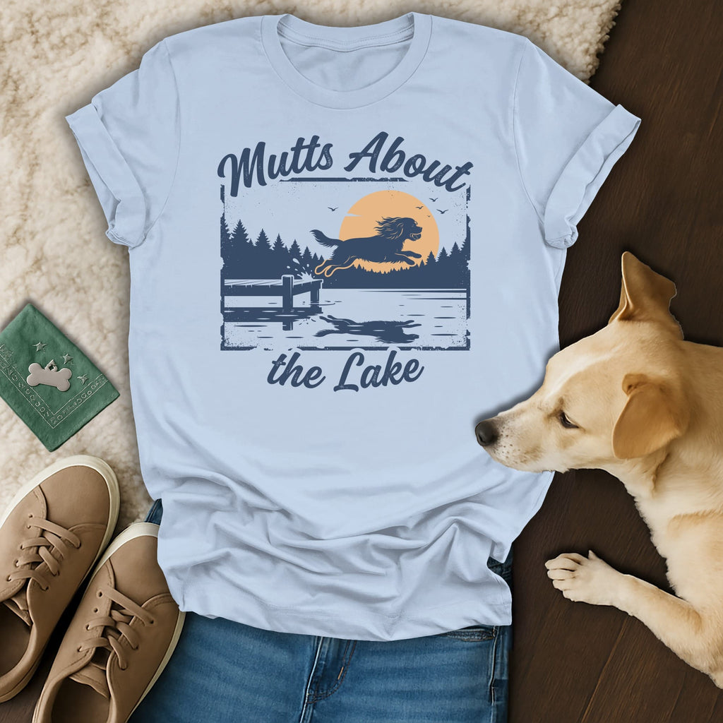 T-shirt with "Mutts About the Lake" text and dog jumping into a lake graphic.