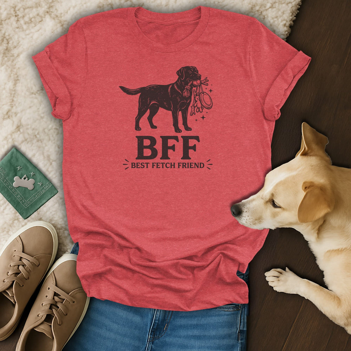Red t-shirt with "BFF BEST FETCH FRIEND" and dog graphic.