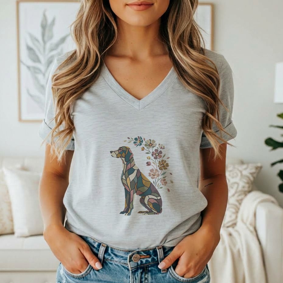 A person wearing a grey V-neck t-shirt featuring a colorful, patterned dog graphic with flowers.