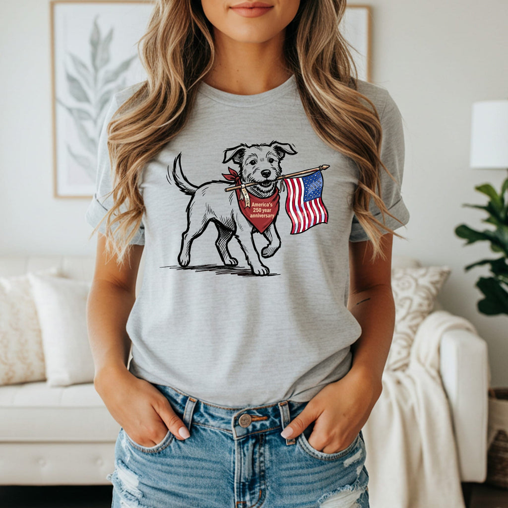 Dog wearing bandana and holding American flag with "America's 250th anniversary" text.
