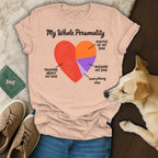 Peach t-shirt with "My Whole Personality" pie chart about dogs.