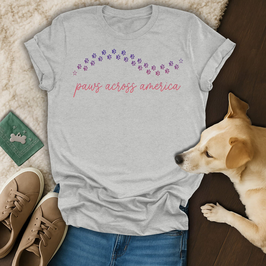 Grey t-shirt with "paws across america" and paw print design.