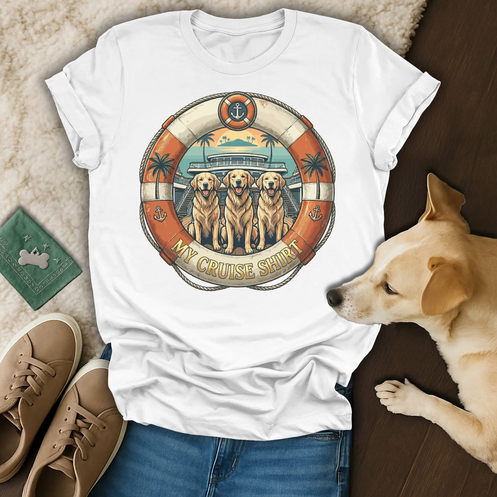 White t-shirt with a "My Cruise Shirt" graphic featuring three golden retrievers inside a life preserver.