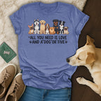 T-shirt with illustration of various dog breeds and the text "All you need is love and a dog".