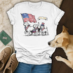 Three dogs in patriotic attire march with a drum and American flag, 1776-2026.