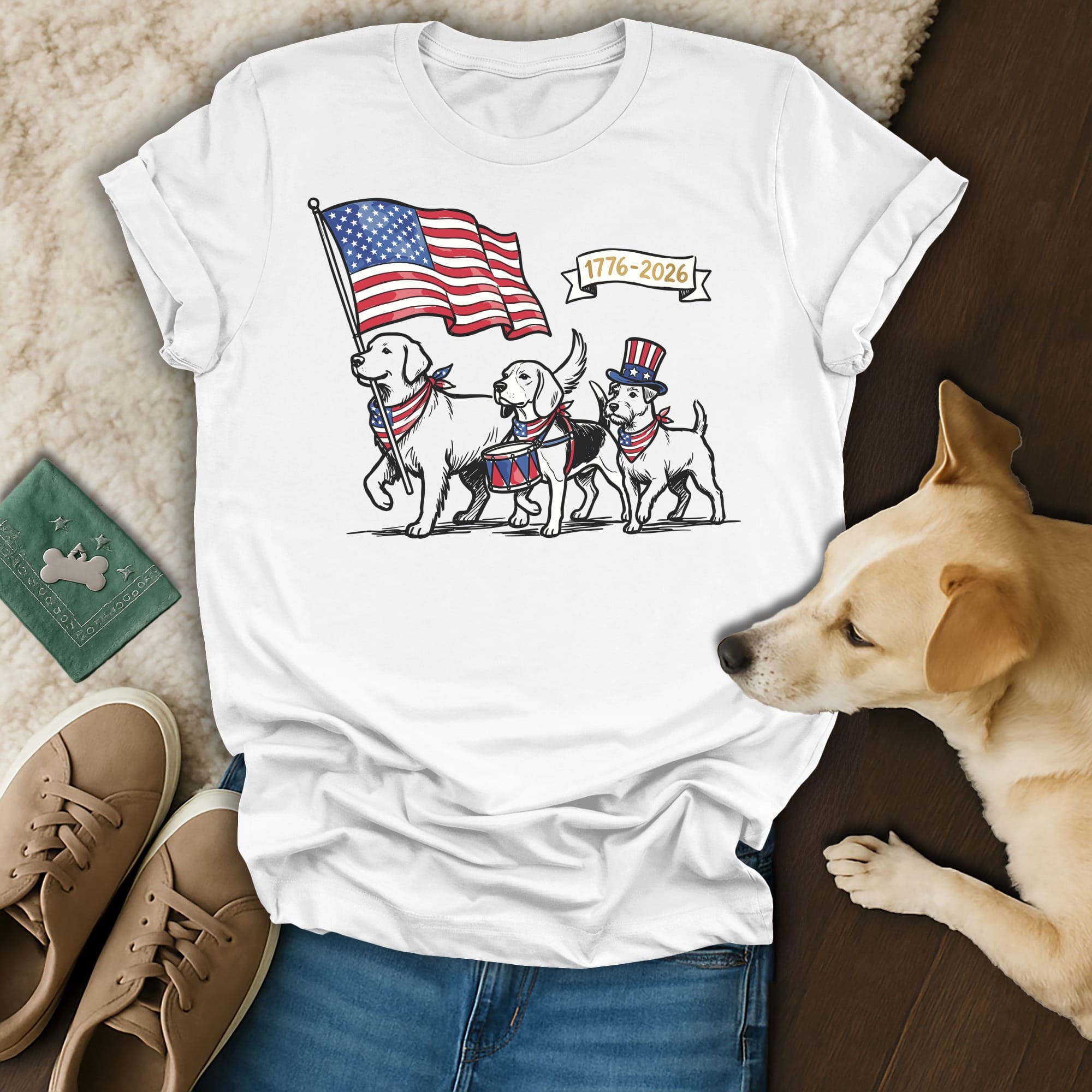 Three dogs in patriotic attire march with a drum and American flag, 1776-2026.