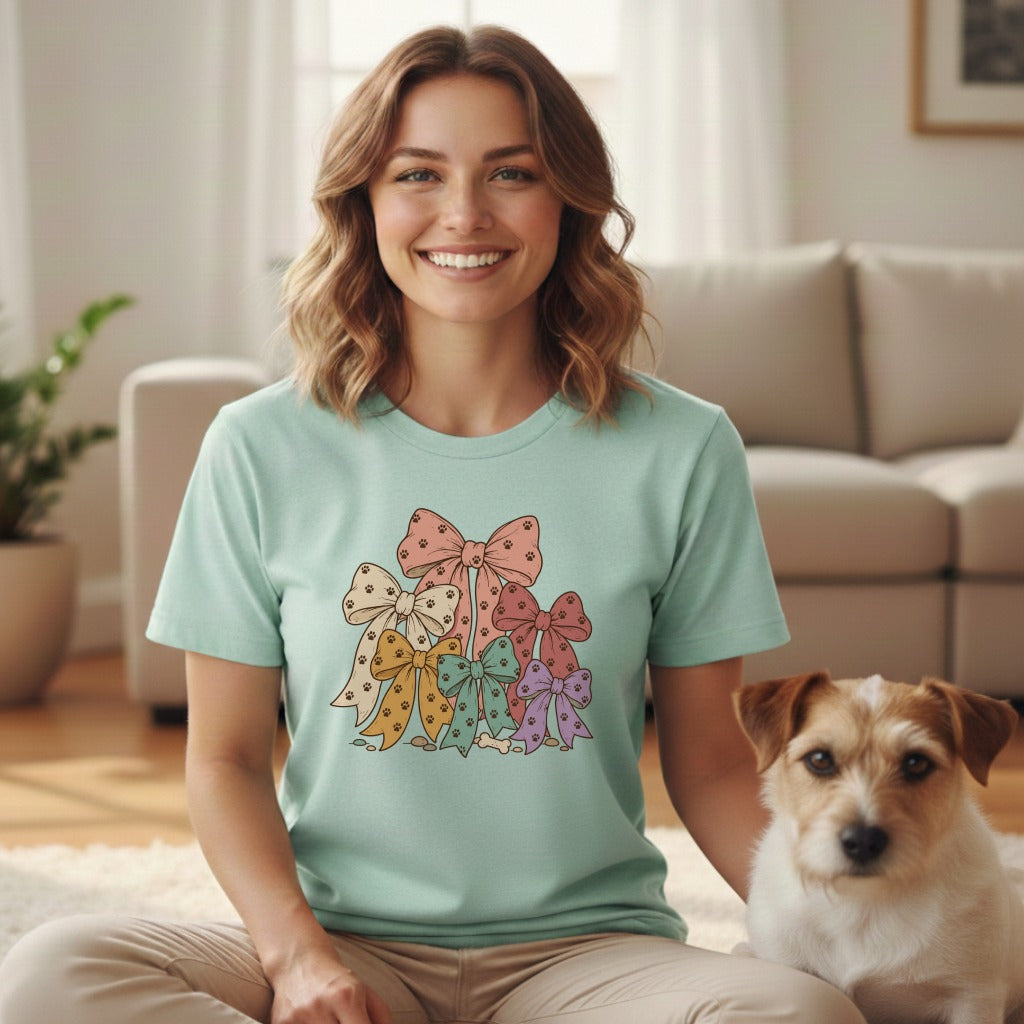 A smiling woman wearing a mint green t-shirt with a colorful bow graphic alongside a small terrier.