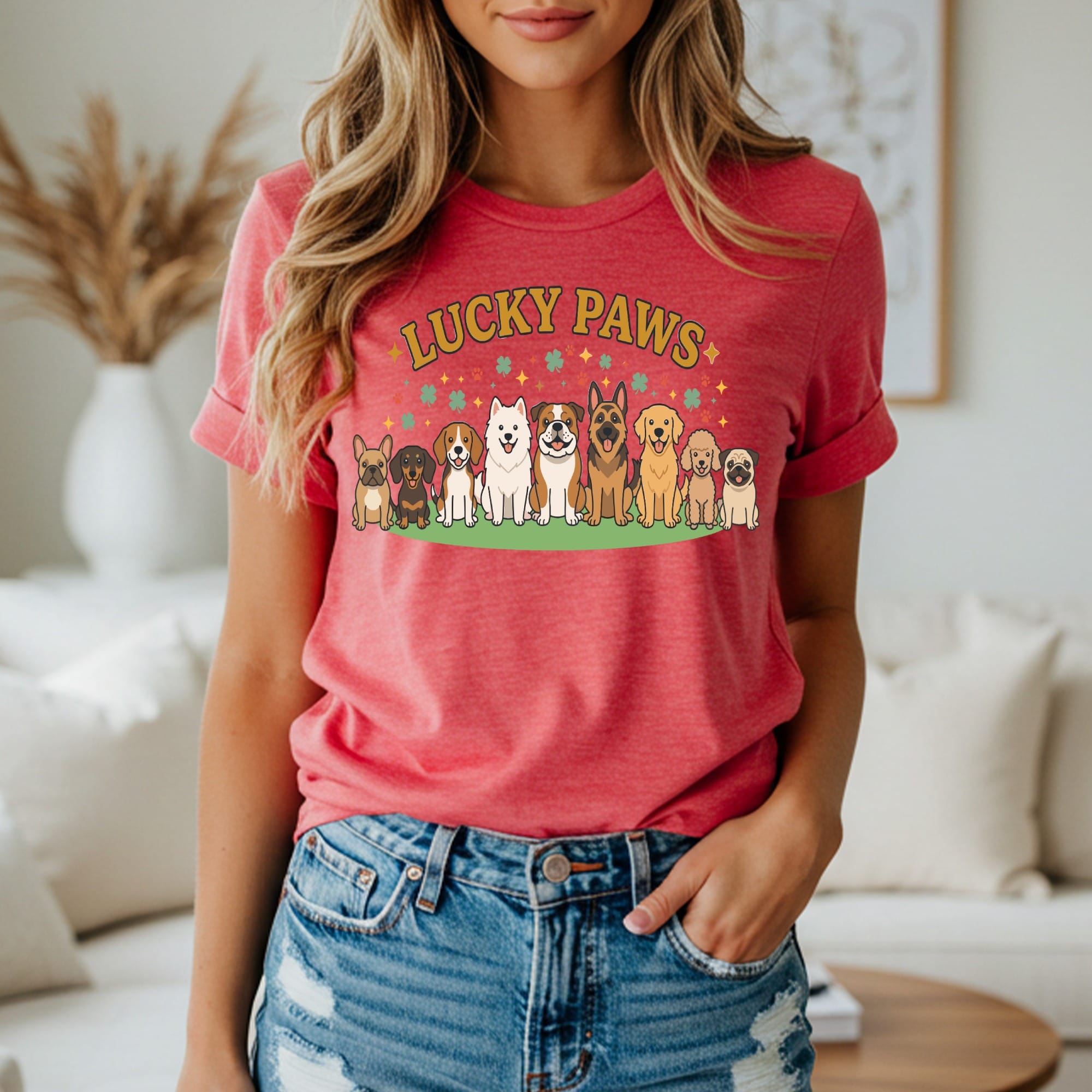 T-shirt with cartoon dogs and "Lucky Paws" text.
