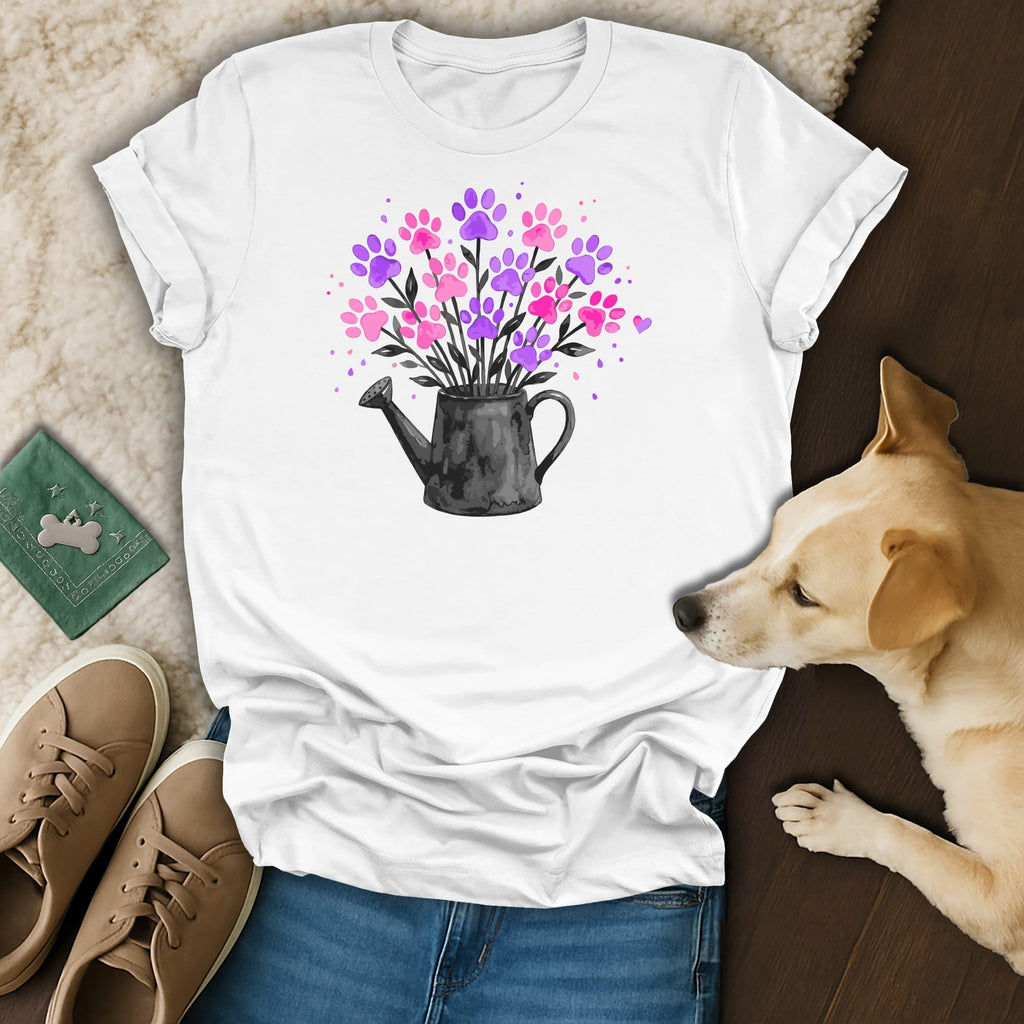 White t-shirt with black watering can overflowing with pink and purple paw prints.