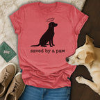 Red t-shirt with a black dog silhouette and "saved by a paw" text.