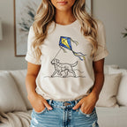 T-shirt with a yellow and blue kite flying above a running dog illustration.