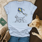 Light blue t-shirt with a line drawing of a dog flying a kite.